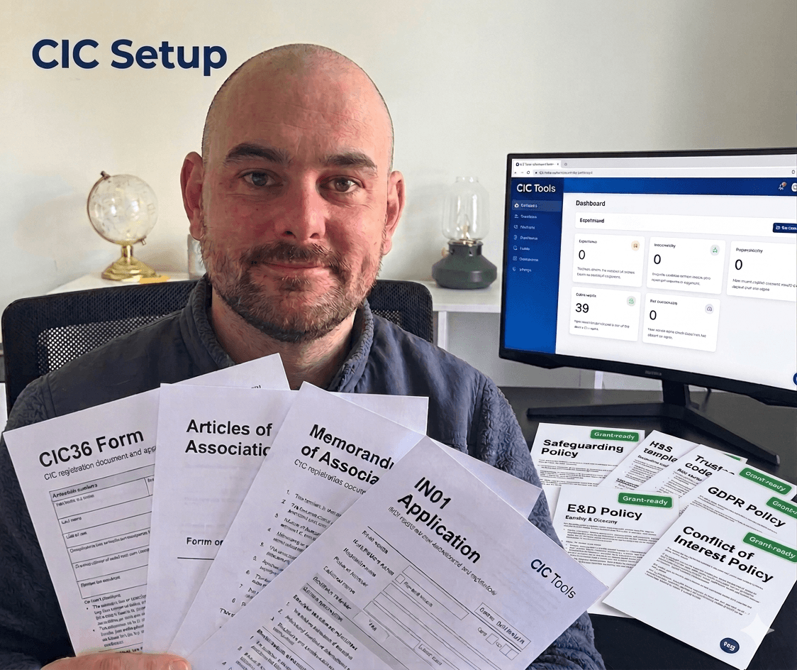 Ben, founder of CIC Tools, with the full bundle of CIC registration documents and policies.