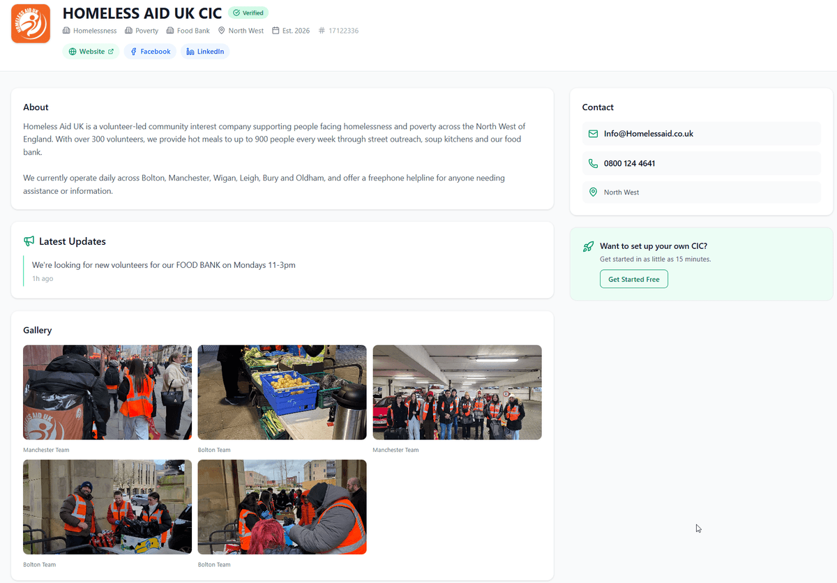 Homeless Aid UK CIC - Example of a claimed directory profile on CIC Tools