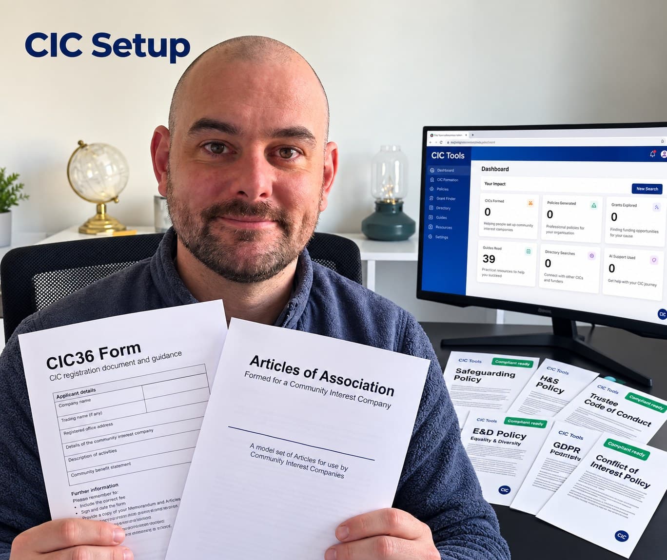 Ben, founder of CIC Tools, holding the CIC36 form and Articles of Association, with the six policies on the desk