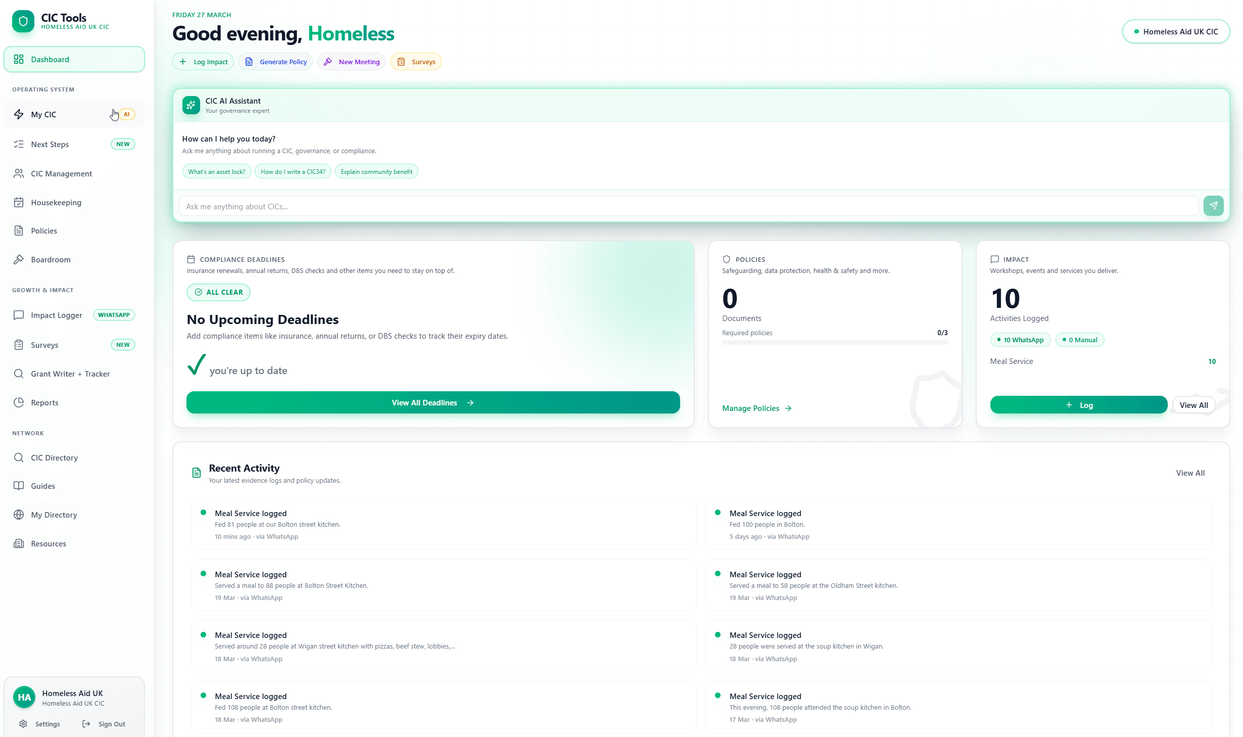 CIC Tools dashboard showing compliance tracker, AI assistant, and impact logging