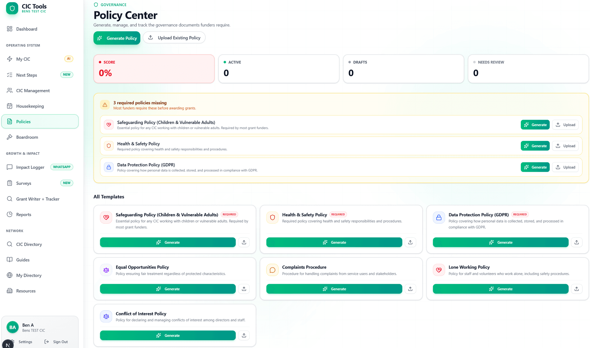 CIC Tools Policy Center showing compliance score and all 6 policy templates