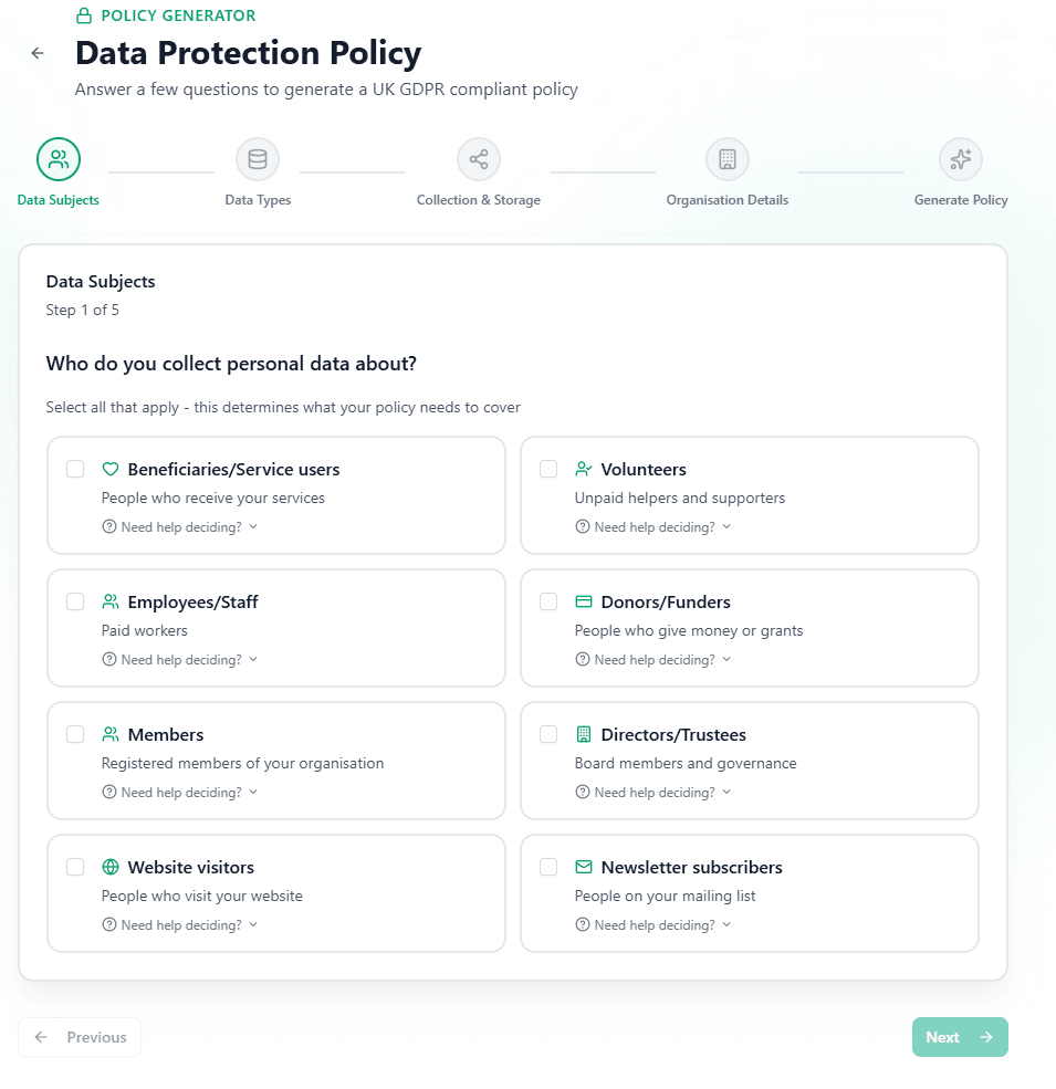 Data Protection Policy wizard with step-by-step questions
