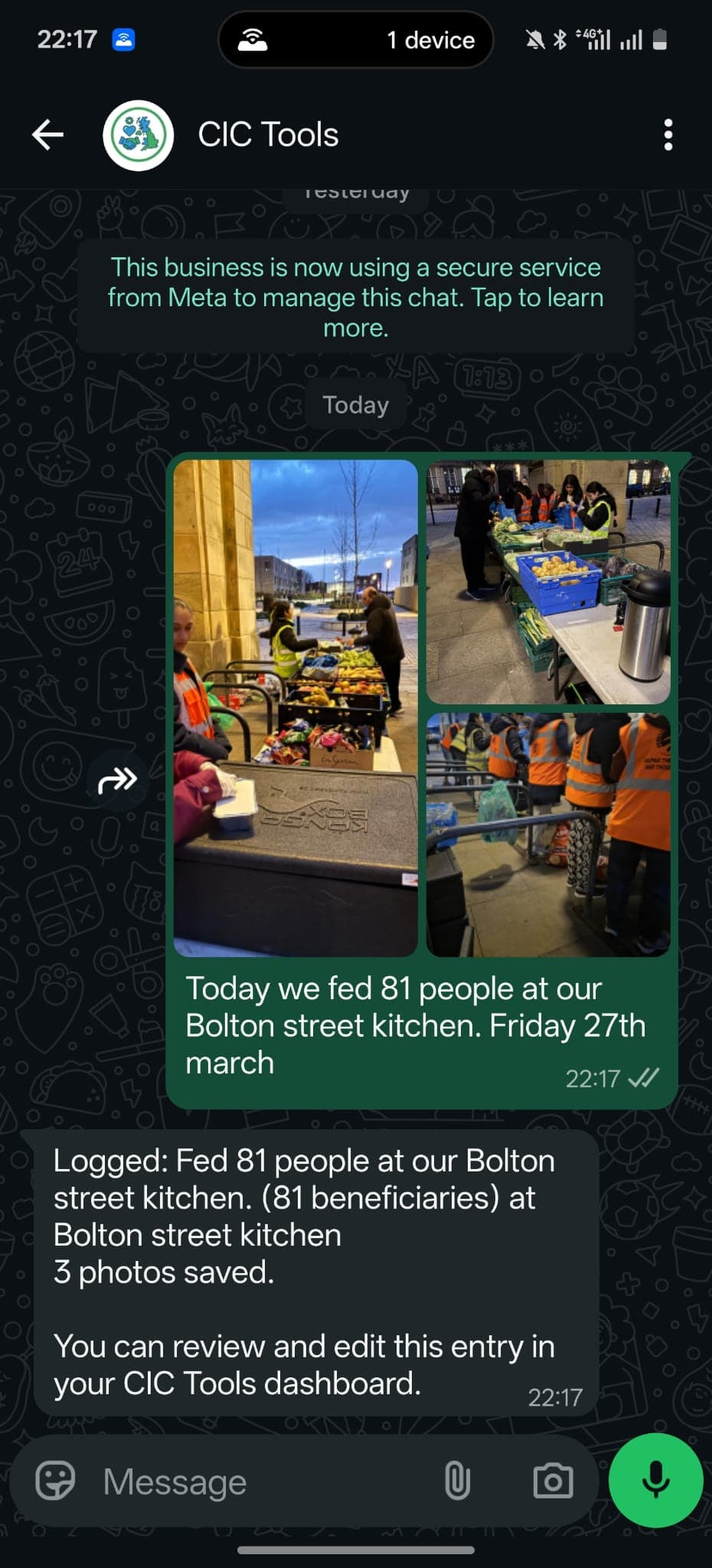 WhatsApp conversation logging meal service activity with photos